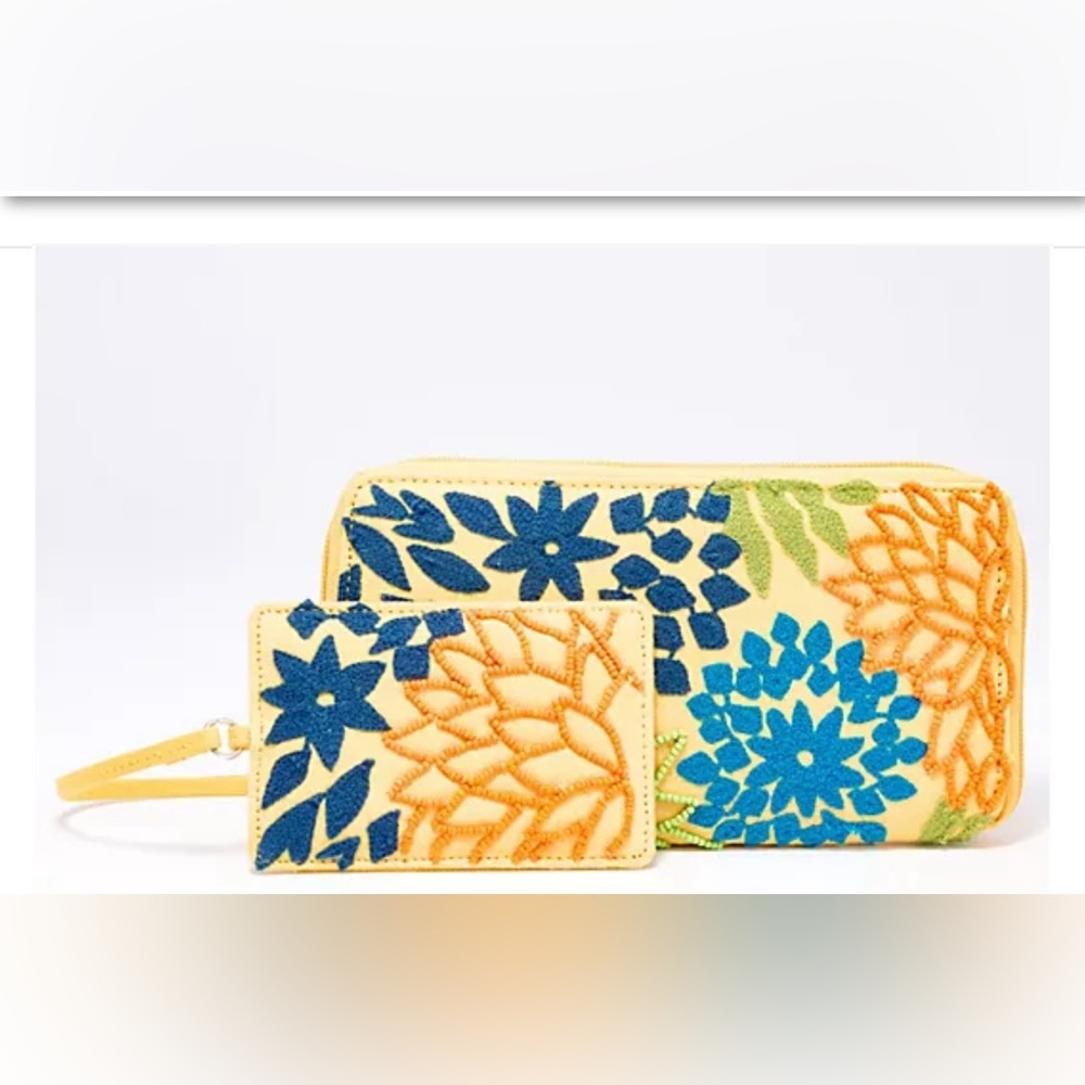 America & Beyond Embellished Zip Wallet & ID Pouch Bundle.Yellow Floral”. NWT